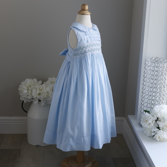 Strasburg Blue Smocked Dress Hand-Embroidered Spring Summer Vacation PERFECT - Picture 3 of 9